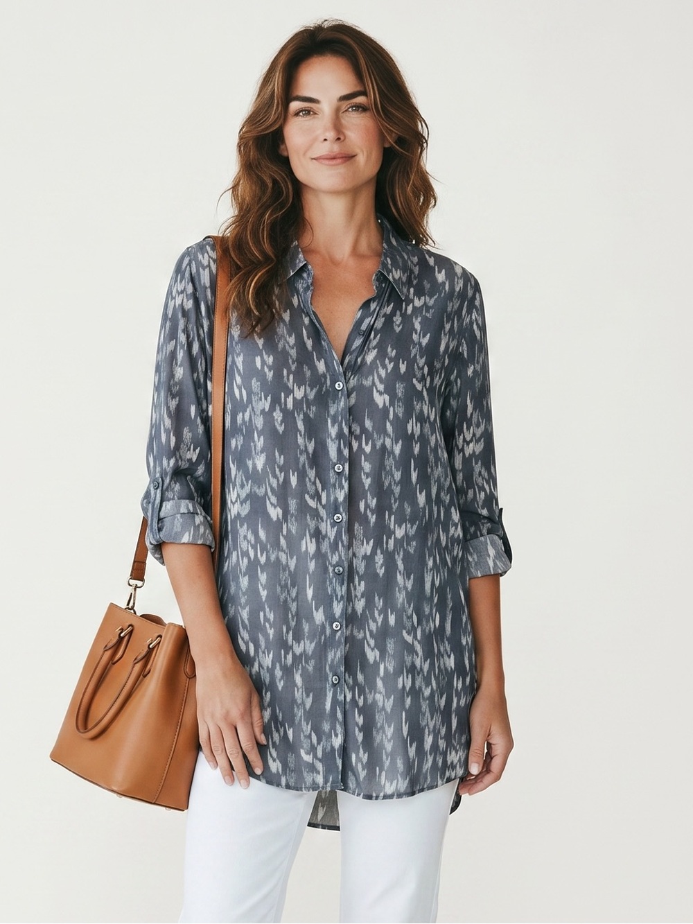 ZOZO Blue Abstract Print Button Down Tunic Mini Dress Hi Lo Longline Shirt Small